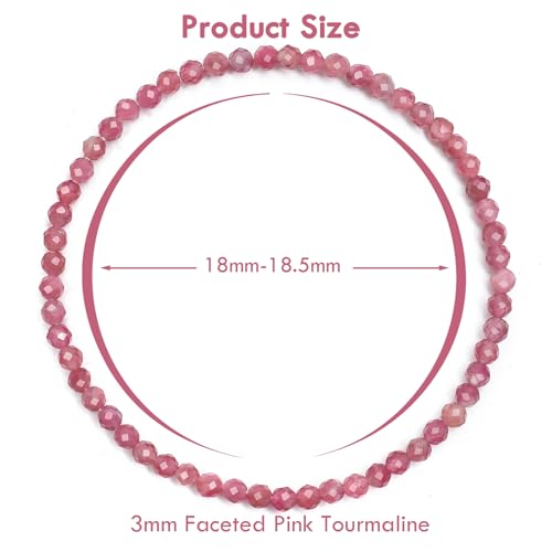BONNY BOXX Natural Genuine Gemstone Faceted Round Beads Bracelets, 3mm Adjustable Stretchy Tiny Faceted Black Tourmaline Bracelet, Healing Crystal Reiki Chakra Dainty Jewelry Fashion Gifts - color: Pink Tourmaline