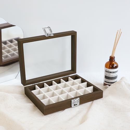 Wudygirl Wood Jewelry Organizer Small Jewelry Box Jewelry Tray with Lid Earring Organizer for Women Velvet Ring Holder Jewelry Storage Display for Drawer Earring Case 24 Grid (Beige) - style: Wood Beige 24 Grid