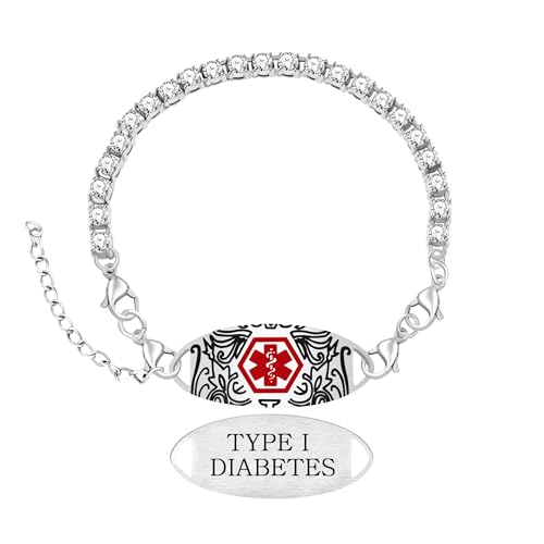 Women's Medical ID Bracelet with White Zircon Tennis Chain, Interchangeable Engraved Plate, Adjustable Lobster Clasp, Lightweight, Hypoallergenic, for Running, Outdoor, Daily Wear - color: Red-TYPE I DIABETES