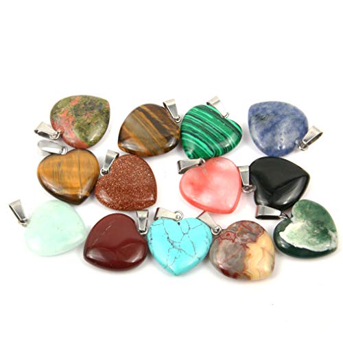 LE SKY 20 Pcs natural stone pendants heart shape healing stone charms for jewelry making - color: malay jade
