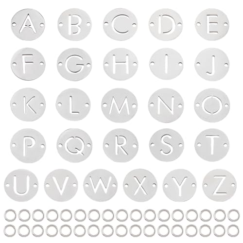 26pcs Stainless Steel Letter Link Charms 12mm Flat Round A-Z Letter Charms with Jump Rings Metal Alphabet Connector Charms with Two Hole for Jewelry Making Necklace Bracelet DIY Crafts