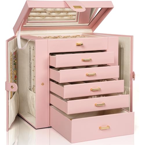 AKOZLIN Huge Jewelry Box Organizer Functional Extra Large Leather Jewelry Storage Case for Women Girls Ring Necklace Earring Bracelet Holder Organizer with Mirror - color: Light Pink, size: Extra Large