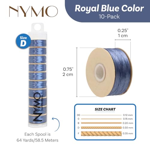 The Beadsmith Nymo Thread – 10-Pack Royal Blue Color – Size D, .30mm Diameter, 64 Yard/58.5 Meter Spool – Made of Nylon – Bead Embroidery & Weaving, Off Loom & Loom Work and DIY Craft Projects - size: Size D, 64 Yards, style: Royal Blue