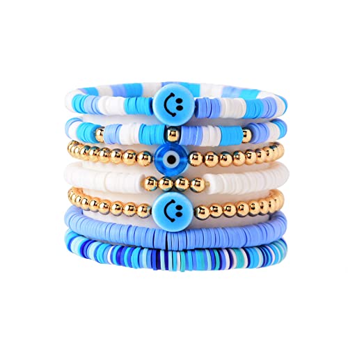 Surfer Heishi Bracelets Set Colorful Preppy Smile Evil Eye Beaded Stretch Bracelets Clay Stackable Boho Disc Party Gifts Y2K Kidcore Aesthetic Summer Beach Bohemian Layering Bracelets Jewelry for Women - style: StyleA