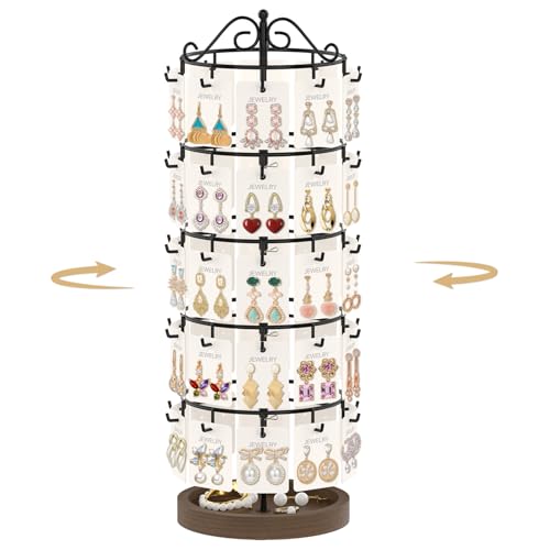 MODOWEY Earring Holder Organizer Rotating Display Tree Rack, 50 Hooks Earring Card Holder Stand with Wooden Base, 5 Tier Adjustable Metal Storage Tower, Display & Sell More for Women Vendors, Black - color: Black Brown