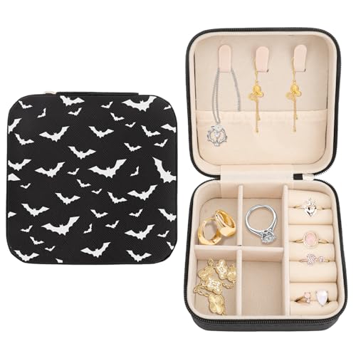 Black White Bats Jewelry Organizer Small Jewelry Travel Case Portable Jewellery Storage for Rings Necklaces Earrings Bracelet Travel Accessories Women Halloween Basket Stuffers for Women - color: Black White Bats