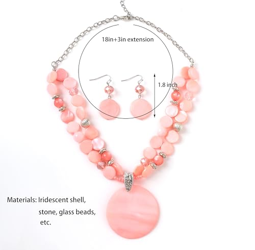 Layered Beads Statement Fashion Necklace Chunky Jewelry Set Big Colorful Glass Stone Circle Shell Pendant Choker Necklace and Earring Set for Women - color: peach