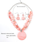 Layered Beads Statement Fashion Necklace Chunky Jewelry Set Big Colorful Glass Stone Circle Shell Pendant Choker Necklace and Earring Set for Women - color: peach