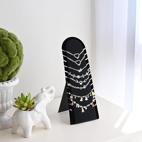 MOOCA 2 Pcs Set Bracelet Necklace Chain Display Pad with 12 Slots, Jewelry Organizer Display with Easel Stand for Chains, 4.5W x 4.9D x 12.2H in, Black Velvet - color: Black,12 Slots