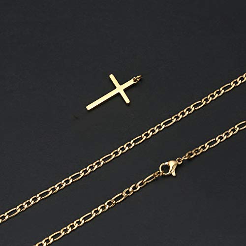Joxevyia 14K Gold Filled Cross Necklace for Men Figaro Chain Stainless Steel Polished Cross Pendant Necklace Simple Baptism Faith Jewelry Gift - size: 22 inches, style: Big cross pendant(1.2"*0.7")