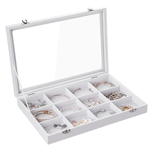 Frebeauty Velvet Jewelry Tray,12 Grid Jewelry Organizer with Clear Lid,Bracelets Holder,Jewelry Display Case with Clasp,Drawer Insert Bangle Brooch,13.8 x 9.5 x 2 Inches,Gift for Women Girls(White) - color: White, size: 12 Grid