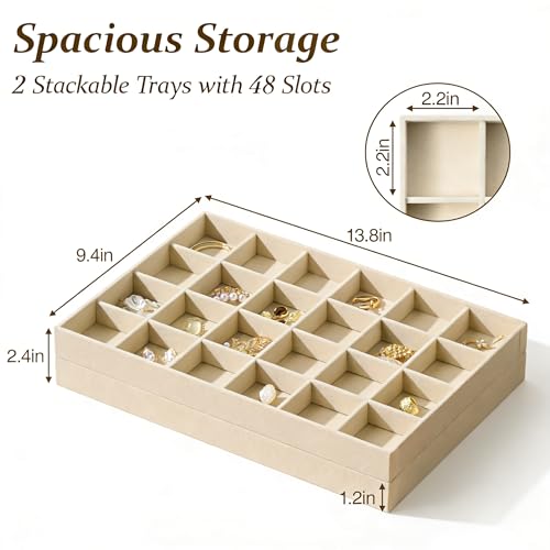 pickpiff Drawer Jewelry Organizer & Display Trays: 2pcs 24grid Velvet Stackable Jewelry Case (13.8x9.4x1.2inch) - Soft Beige Ring Storage Bracelet Holder Earring Box - size: 24 grids + 24 grids