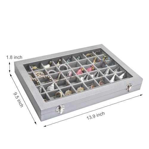Siveit Jewelry Tray Organizer Box 48 Grid Jewelry Display Organizer Box with Transparent Lid Rings Earrings Necklaces Pendants Display Box Suitable for Women and Girls (48 Grid, Silver Grey) - color: Grey