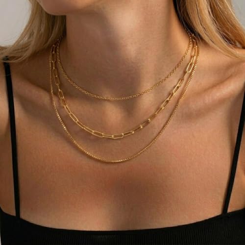 Freekiss Women's Layered Necklace Set - 3 Piece Dainty Gold Jewelry for Everyday Stacking | 14K Gold Plated Snake Chain, Rope Chain, Cuban Chain | Adjustable Length 14-18.5 Inch | Gift Ready - color: Gold, style: Paperclip+O Chain+Box Chain