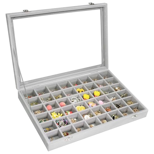 Vicoter Velvet Jewelry Tray 48 Compartments Jewelry Display Organizer with Transparent Cover Rings, Earrings, Necklaces, Pendants Storage Box for Girls, Wives, Mothers, Women - color: Grey, size: 48 Grid