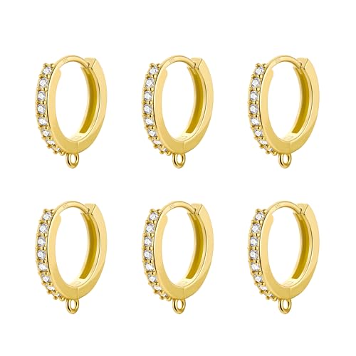 6Pcs Gold Zirconia Hoops for Earrings, Hypoallergenic 14K Goldplated Earring Hooks Round Huggie Zirconia Hoop with Loop Leverback Dangle Earring Making Gold Jewelry Findings Supplies Replacement Set - color: 6PCS_GoldB