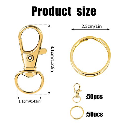 100PCS Gold Swivel Clasps Lanyard Snap Hooks with Key Rings, Key Chain Clip Hooks Lobster Claw Clasps for Keychains Jewelry DIY Crafts - color: Gold