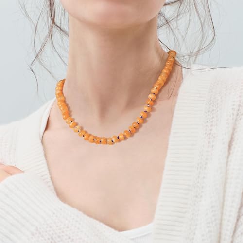 KissYan Beaded Gemstone Necklace for Women, Natural Stone Beach bead Necklace, 18" Boho Summer Handmade Jewelry Gifts - color: Sunstone