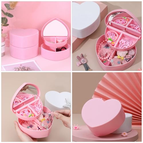 Cabilock 5 Pcs Heart Shaped Jewelry Box for Girls Women, Double Layer Small Jewelry Organizer with Mirror, Portable Travel Case for Earrings Necklaces