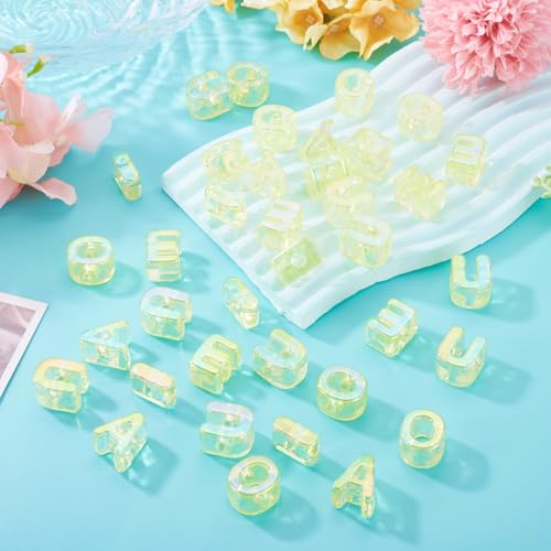 FASHEWELRY 50Pcs UV Plating Rainbow Iridescent Acrylic Letter Beads with Large Hole Big Letter Blocks Charms 3D Letters Chunky Vowel Alphabet Beads for Key Chains Necklace DIY Arts Craft (Yellow) - color: Light Yellow, size: Vowels