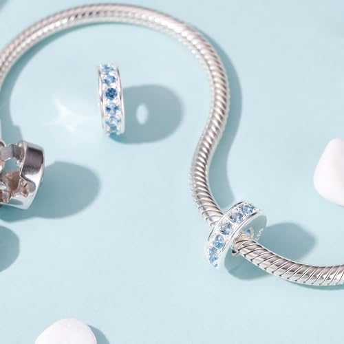 925 Sterling Silver Spacer Charm Bead with Clear CZ for Pandora Charms Bracelets - color: 2PCS Light Blue