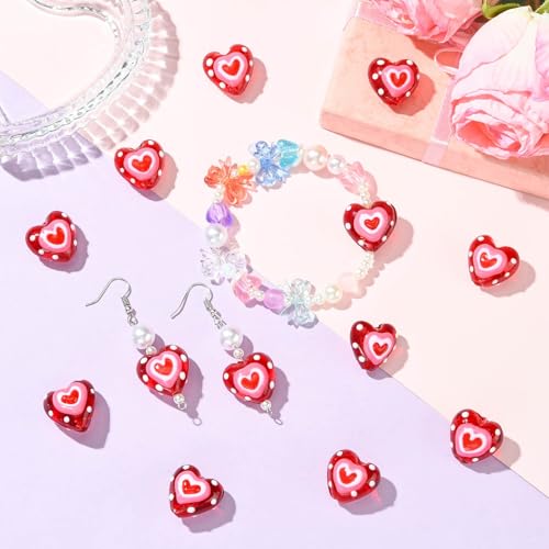 DanLingJewelry 10Pcs Handmade Lampwork Glass Red Heart Beads Colorful Bumpy Glass Heart Loose Beads for DIY Jewelry Making Craft - color: Red