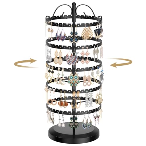LASZOLA 5 Tier Black Earring Holder Organizer Tree Women Display Storage for Stud and Hoop, Large Cool Rotating Clip Stand for Pierced and Dangle Earring, Vertical Metal Tower Carousel with 400 Holes - color: Black, size: 5 Tier, 400 Holes