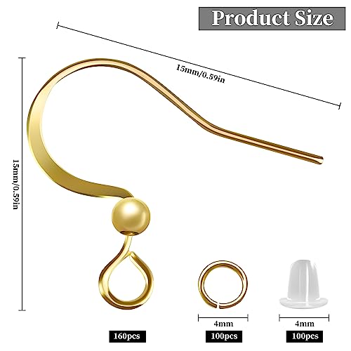 160 PCS/80 Pairs 14K Gold Tone Plated Earring Hooks Hypoallergenic Ear Wires Fish Hooks with 100 PCS Clear Silicone Earring Backs and 100 PCS Jump Rings Gold Earring Findings for DIY Jewelry Making - color: C style-14K Gold Earring Hooks