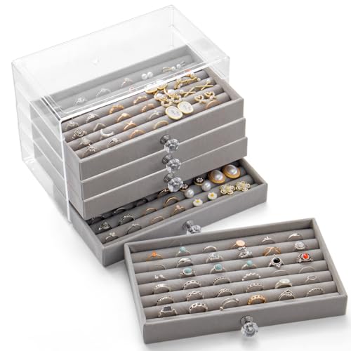 SPAKOWN Ring Box Display Holder, Clear Velvet Jewelry Storage Tray Organizer for Ring Stud Earring (Grey - 5 Drawers) - color: Grey, size: 5 Drawers