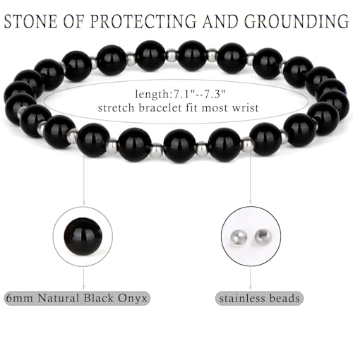 QOGIR 14k gold Handmade Healing Bracelet, Natural Gem Stone Crystal Elastic Gold Bracelet - color: Black Onyx Silver - Protecting and Grounding, size: 6m