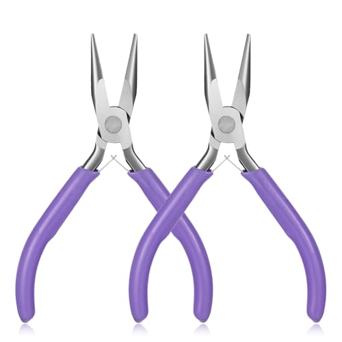 Purple Mini Needle Nose Pliers Set, 2Pcs Needle Nosepliers for Jewelry Making, Jewelry Chain Nose Plier, Small Craft Plier with Smooth Jaw and Comfort Grip Handle for Wire Bending Object Graspi - color: Purple
