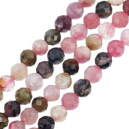 90PCS Faceted Natural Tourmaline Beads 4mm Round Small Gemstone Strands Mixed Color Loose Spacer Seed Beads for Fine Wire DIY Necklace,Hole:1mm