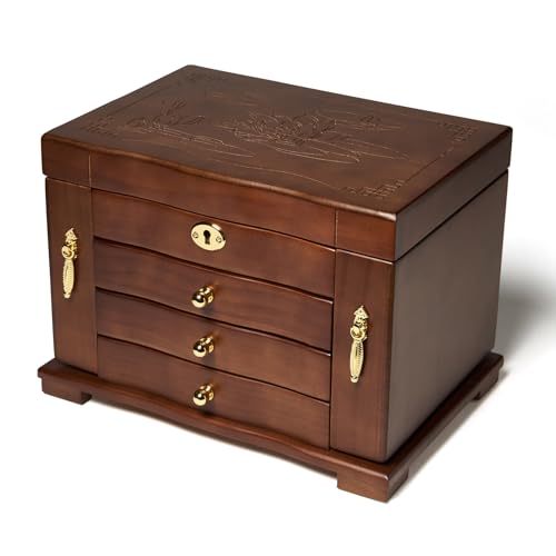 FEECOZ Wooden Jewelry Box for Women, Solid Wood Jewelry Organizer with Mirror and 3-Drawer, Ring,Necklacel,Vintage Style Storage Box with Lock (Dark Brown(lotus pattern) - color: Dark Brown( lotus pattern）
