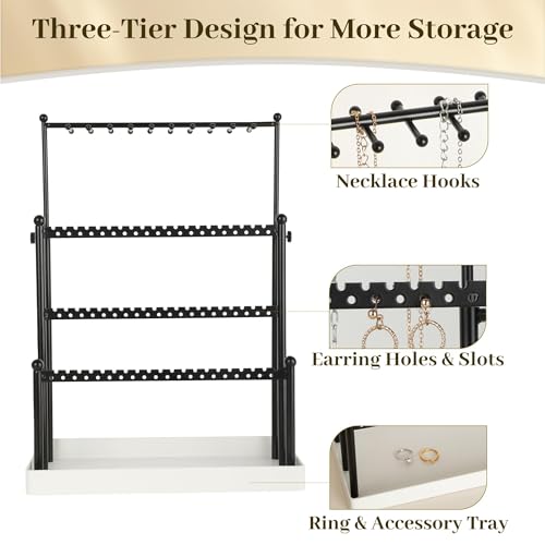 Tirzah 3-Tier Adjustable Earring Necklace Holder Organizer Stand, Black Jewelry Display Tree with 105 Slots, 10 Double-Sided Hooks, White Tray for Women, Girls - color: White & Black, for Necklace Earring