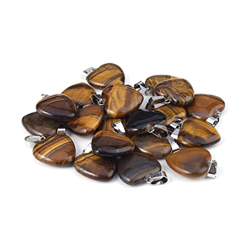 LE SKY 20 Pcs natural stone pendants heart shape healing stone charms for jewelry making - color: tiger eye