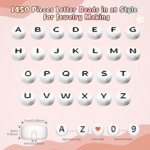 FZIIVQU 1400 Pcs Letter Beads Kit, 28 Styles White Acrylic Alphabet Beads Letter Beads for Jewelry Making wiht Number Beads Heart Beads Friendship Bracelet Kit - color: Black Letter & White Base, size: 4*7mm