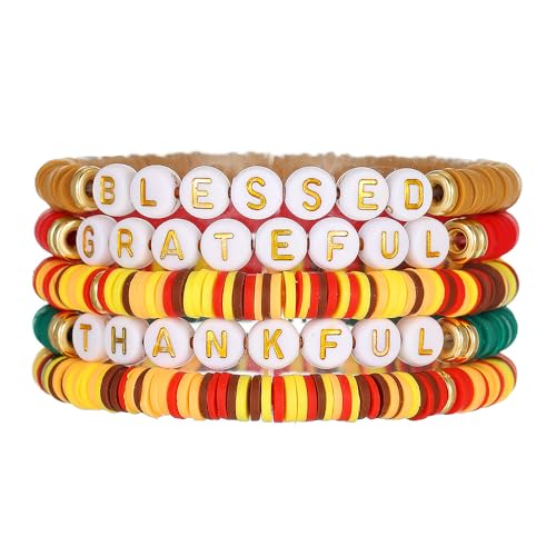 Thanksgiving Stackable Bracelet for Women Set Colorful Beads Rubber Ring Elastic Layering Letter Disc Maple Leaf Pendant Clay Stretch Fall Bracelets Fall Costume Bracelet Jewelry for Women - style: Style1