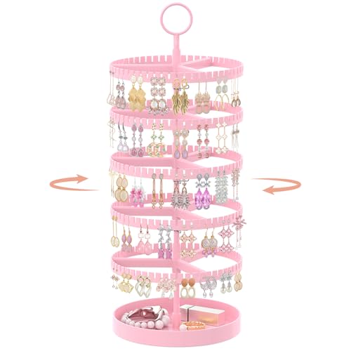 iDavosic.ly 5 Tier Rotating Earring Holder Organizer with Metal Tray, Adjustable Plastic Dangle Display Stands Tree with 285 Grooves, Large Hoop Storage Rack Tower, Pink - color: Candy Pink, size: 5 Tiers