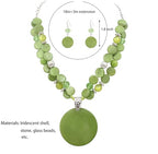 Layered Beads Statement Fashion Necklace Chunky Jewelry Set Big Colorful Glass Stone Circle Shell Pendant Choker Necklace and Earring Set for Women - color: Green