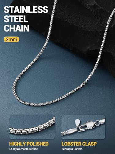 PROSTEEL Stylish Stainless Steel Flat Box Link Chain Necklace for Men, Silver/Gold/Black Tone, Hypoallergenic Jewelry, 14"-30", Come with Box - size: 28 inch(71cm), style: 2mm-Elegant Silver