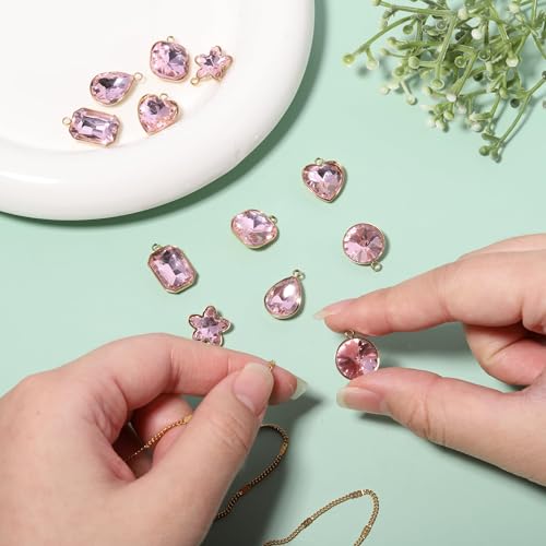 Song Xi Red Shape Random Charms For Jewelry Making Clear Crystal Charms Pendants Bracelets Necklace Earrings Bulk Keychain Arts And Crafts Diy Birthday Gifts For Women AB Color 12pcs - color: Random Shapes - Pink