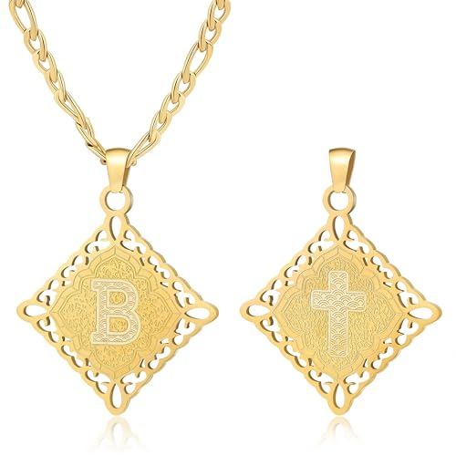 LETFLY Initial Necklaces for Women Men, 18K Gold Plated Letter Cross Pendant Necklace Alphabets A-Z Figaro Chain Jewelry Gifts - color: Rhombic, style: Letter B