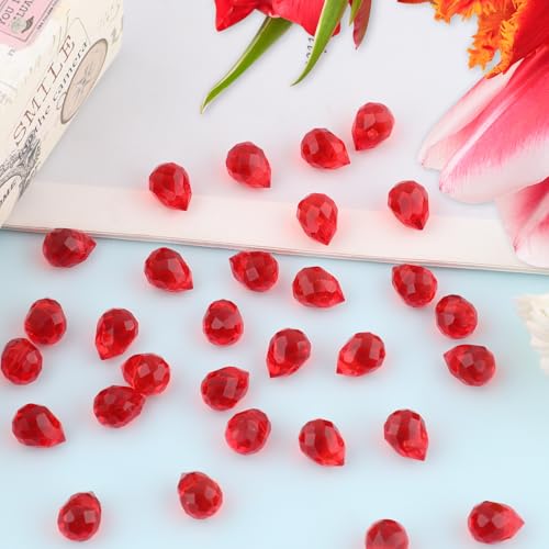 100pcs Ruby Red Faceted Crystal Glass Beads 8x10mm, Shiny Teardrop Glass Beads for Jewelry Making, Crystal Beads for Bracelet Necklace Earring DIY Craft - color: Ruby Red