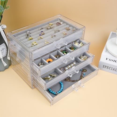 Weiai Acrylic Jewelry Organizer, Clear Jewelry Box with 4 Drawers, Jewelry Case Storage for Women (Gray) - color: Gray