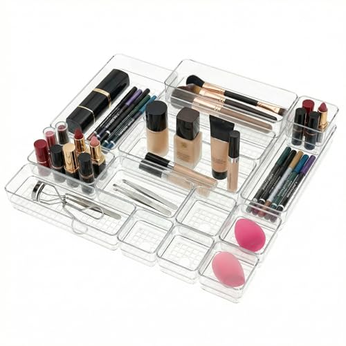 Clear Acrylic Makeup Organizer and Make Up Storage for Vanity - 4 Sizes Multi-layer Plastic Vanity Storage Organizer Bins and Drawer Divider Set - Makeup Drawer Organizer and Vanity Storage Bin - style: 15 PCS with 4 sizes