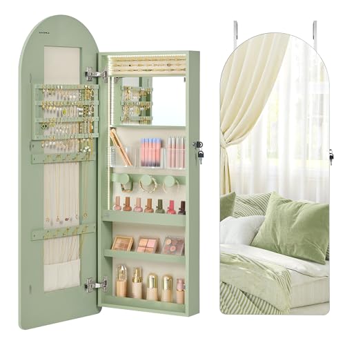 SONGMICS Wide Jewelry Organizer, LED Jewelry Cabinet Wall/Door Mounted, Arched Mirror with Storage, Lockable, Rounded Corner, Interior Mirror, 3.9 x 16.5 x 42.5 Inches, Laurel Green UJJC020C01S - color: Laurel Green, size: 3.9"D x 16.5"W x 42.5"H, style: