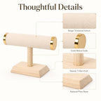Jewelry Display T-Bar Stand – 9 inch Beige Textured Velvet Bracelet Holder with Gold Metal Ends, 1-Tier Jewelry Organizer with Natural Pine Base, Bangle & Watch Display for Retail & Vanity - color: Beige Textured Velvet