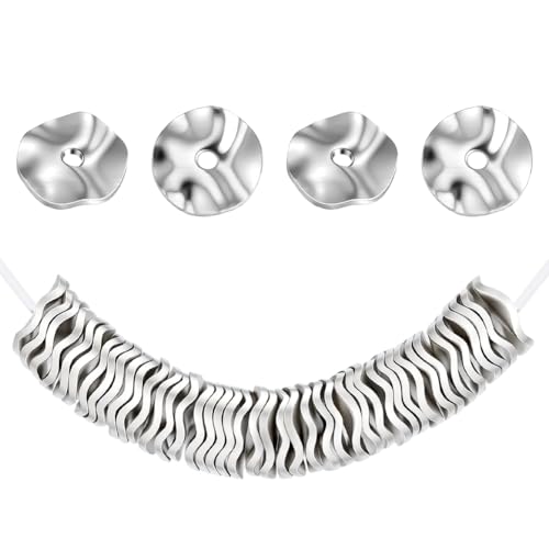 PH PandaHall 50PCS 8mm Spacer Beads Platinum Wavy Spacers Flat Round Bead Twist Disc Beads Heishi Spacers Bead for Jewelry Making Layered Bracelets Earrings Necklaces Holiday DIY Art Decoration - color: Platinum