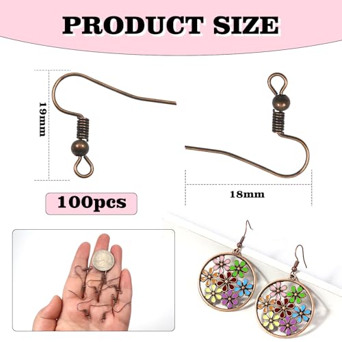 TOAOB 100pcs Earring Hooks Hypo Allergenic French Ear Wires with Ball and Coil 18mm Red Copper Fish Hook Earrings Making Supplies Jewelry Findings - color: Red copper