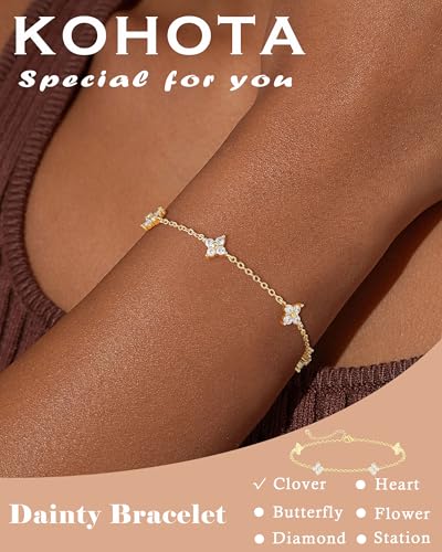 KOHOTA Silver Gold Bracelets for Women Trendy 14K Gold Plated Bracelet for Women Non Tarnish Dainty Stackable Clover Flower Heart Butterfly Diamond CZ Charm Station Bracelets Stack Jewelry Gifts - color: A: Clover-Gold